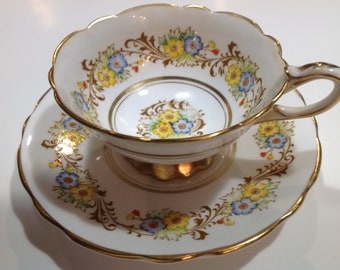 Royal Stanford Bone China Tea Cup and Saucer, Yellow and Blue Flowers