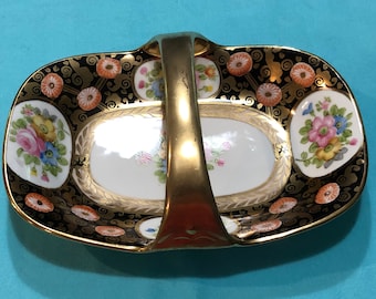 Nippon Black and Gold Tray with Handle, with Multicolored Floral Design on White Insets