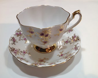 Queen Anne Bone China Tea Cup and Saucer, Small Pink Flowers with Gilt Vines