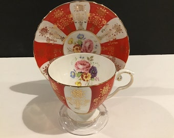 Royal Grafton Bone China Tea Cup and Saucer, Red, White and Gold