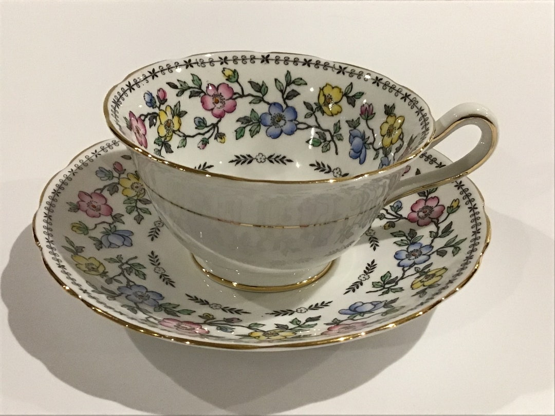 Grosvenor Bone China Tea Cup and Saucer, Pink, Blue, Yellow Flowers Etsy