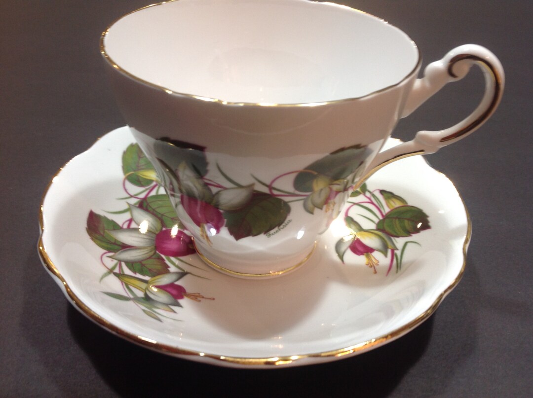 Regency Bone China Tea Cup and Saucer, Fuchsia Design, Made in England