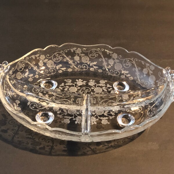 Cambridge Elaine Pattern Glass Relish Dish, Four Feet, Etched Scrolling and Flowers