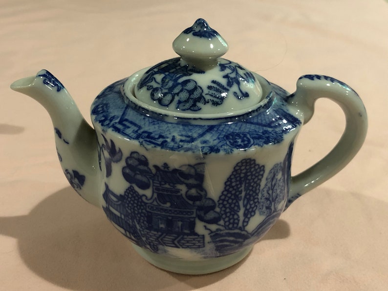 Blue and White Toy Size Tea Pot and Sugar Bowl Made in Japan