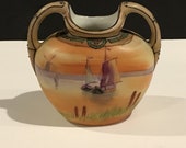Nippon Two Handle Vase, Hand Painted Moriage Landscape 1891-1921