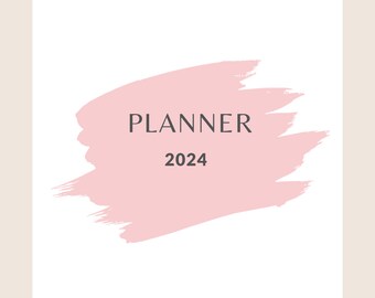 May include: A pink brushstroke design with the text "PLANNER 2024" on a white background.