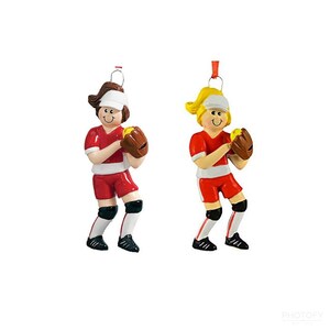 May include: Two softball player ornaments, one with brown hair and a white hat, the other with blonde hair and a white hat. Both are wearing red and white uniforms with black knee pads and holding a brown and yellow glove.