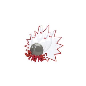 May include: A white bowling ball with three white bowling pins in the background. The pins are knocked down and the ball is in the middle of the pins. The background is red and white with the word "STRIKE!" in red letters.
