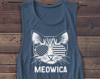Meowica Shirt - 4th of July Shirt - USA Shirt - America - Cat - Animals - Pets - Independence - Muscle - Tank Top - Patriotic - Graphic Tees
