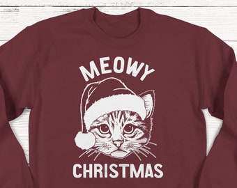 Meowy Christmas Sweatshirt, Christmas Sweater, Funny Christmas Sweater, Cats, Pets, Santa, Women&#39;s Christmas Sweater, Ugly Christmas Sweater