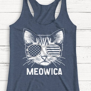 Meowica Tank - Chemise du 4 juillet - USA - Amérique - Chat - Animaux - Indépendance - Débardeur - Patriotique - Alcool - Tee graphique - Été