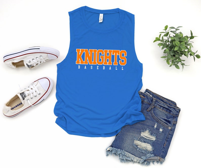 May include: A royal blue sleeveless tank top with the words "Knights Baseball" printed in orange and white letters.