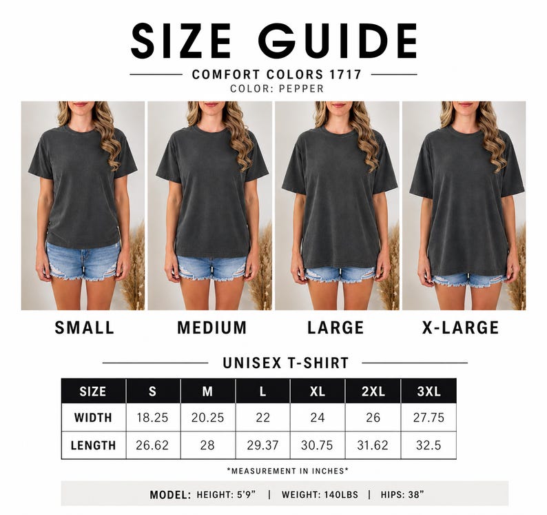 K&ouml;nnte beinhalten: Eine Gr&ouml;&szlig;entabelle f&uuml;r ein Comfort Colors 1717 Unisex-T-Shirt in der Farbe Pepper. Es zeigt vier Bilder des T-Shirts in den Gr&ouml;&szlig;en Small, Medium, Large und Extra-Large sowie eine Tabelle mit Breiten- und L&auml;ngenma&szlig;en in Zoll von S bis 3XL.