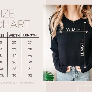 May include: A size chart with measurements in inches for a black sweatshirt. Sizes range from S to 3XL, with widths from 20 to 30 inches and lengths from 27 to 32 inches. The image also shows a person wearing the black sweatshirt.