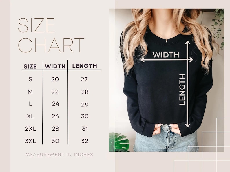 May include: A size chart with measurements in inches for a black sweatshirt. Sizes range from S to 3XL, with widths from 20 to 30 inches and lengths from 27 to 32 inches. The image also shows a person wearing the black sweatshirt.