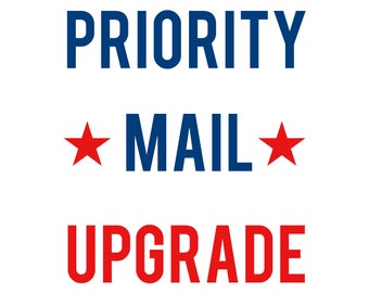 May include: Blue text on a white background reads "PRIORITY MAIL UPGRADE" with two red stars on either side of the word "MAIL".