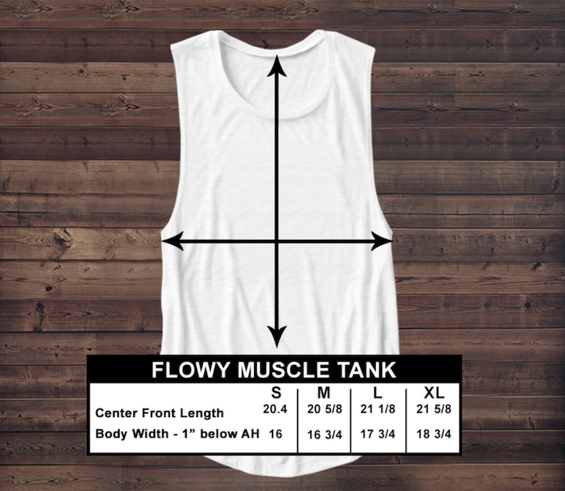 May include: A white flowy muscle tank with a scoop neck, displayed on a wooden surface. The image includes a size chart with measurements in inches for center front length and body width. The tank top is sleeveless.