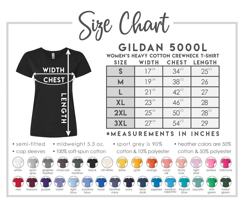 May include: A black Gildan 5000L women's heavy cotton crewneck t-shirt with a size chart. The chart includes measurements in inches for width, chest, and length, ranging from size S to 3XL. The shirt features semi-fitted cap sleeves and is made of soft-spun cotton.