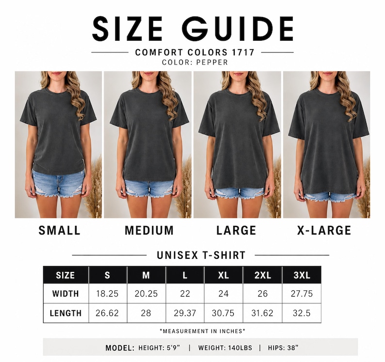 May include: A size guide for a Comfort Colors 1717 unisex t-shirt in pepper color. It displays four images of the shirt in sizes small, medium, large, and extra-large, alongside a table listing width and length measurements in inches from S to 3XL.