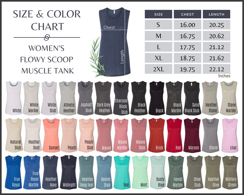 May include: Size and color chart for women's flowy scoop muscle tank tops. The chart shows 11 different colors and 5 sizes, from S to 2XL. The chart also includes measurements for chest and length in inches.