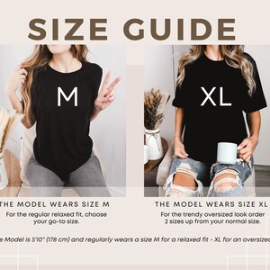 May include: Size guide for a black t-shirt. The model is wearing a size M for a relaxed fit and a size XL for an oversized fit. The model is 5'10" (178 cm) tall.