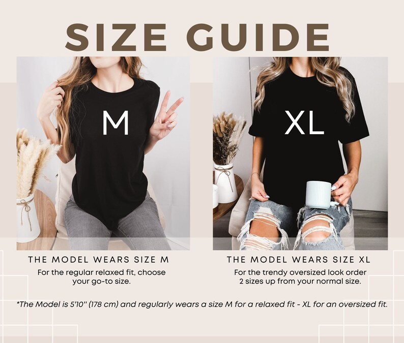 May include: Size guide for a black t-shirt. The model is wearing a size M for a relaxed fit and a size XL for an oversized fit. The model is 5'10" (178 cm) tall.