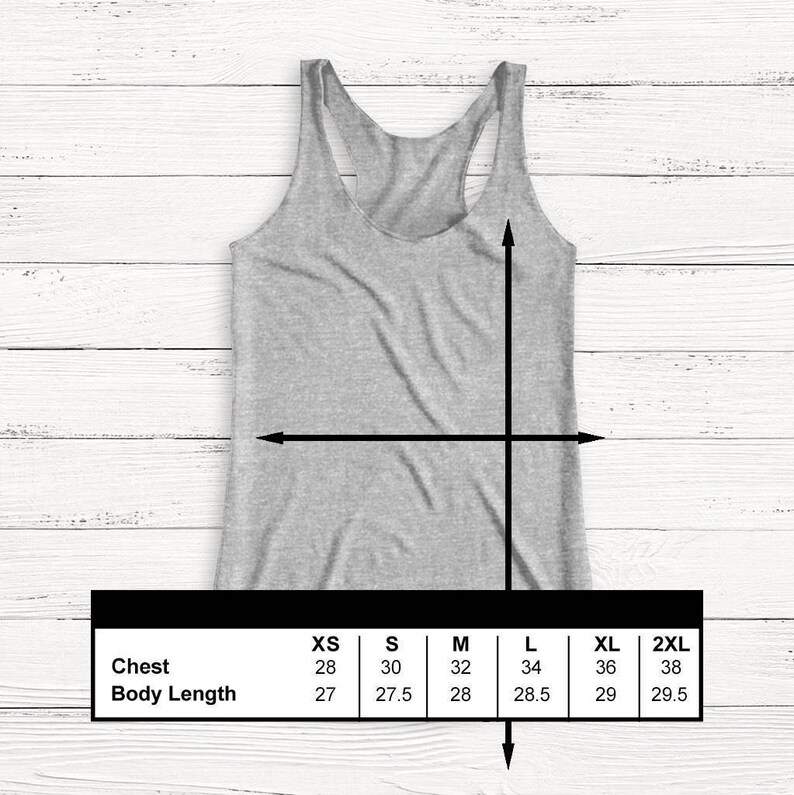 May include: A gray tank top with a size chart showing measurements in inches for chest and body length. The sizes are XS, S, M, L, XL, and 2XL.