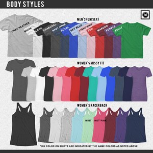 Pu&ograve; includere: Un grafico che mostra diversi stili di corpo per le camicie, tra cui unisex per uomo, vestibilit&agrave; missy per donna e racerback per donna. Il grafico mostra una variet&agrave; di colori, tra cui grigio melange, bianco, nero, antracite, blu navy melange, blu reale, blu cielo, rosa chiaro, rosso, bordeaux, viola, kelly, menta e rosa acceso.