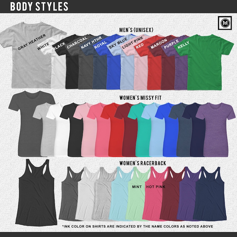 Pu&ograve; includere: Un grafico che mostra diversi stili di corpo per le camicie, tra cui unisex per uomo, vestibilit&agrave; missy per donna e racerback per donna. Il grafico mostra una variet&agrave; di colori, tra cui grigio melange, bianco, nero, antracite, blu navy melange, blu reale, blu cielo, rosa chiaro, rosso, bordeaux, viola, kelly, menta e rosa acceso.