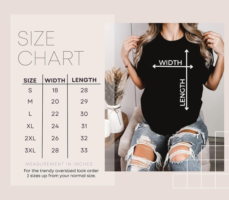 May include: A black t-shirt with white arrows indicating width and length. A size chart displays measurements in inches for sizes S to 3XL. The chart includes width and length measurements, with instructions for an oversized fit.
