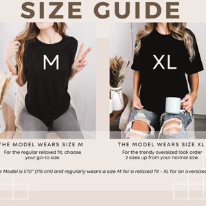 May include: Size guide for a black t-shirt. The model is wearing a size M for a relaxed fit and a size XL for an oversized fit. The model is 5'10" (178 cm) tall.