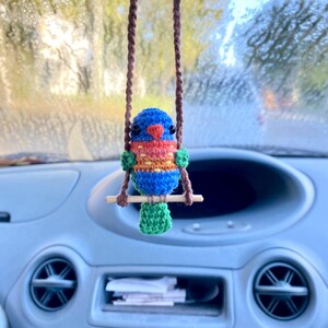 Pu&ograve; includere: Un piccolo ornamento a forma di uccellino all'uncinetto con testa blu, becco rosso e corpo multicolore con sezioni arancioni, gialle e verdi. L'uccellino &egrave; appollaiato su un piccolo bastoncino di legno sospeso da due cordini marroni all'uncinetto.
