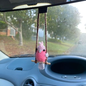 Crochet Bird Car Charm, Miniature Australian Galah/Cockatoo/Cockatiel  on Swing, Made To Order