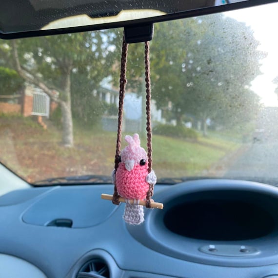 Crochet Bird Car Charm, Miniature Australian Galah/Cockatoo/Cockatiel  on Swing, Made To Order