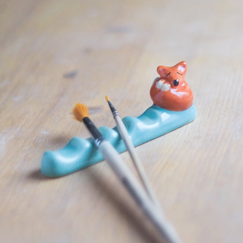 Ceramic Paint Brush Rest With Lazy Fox. Unique Brush Holder. Etsy