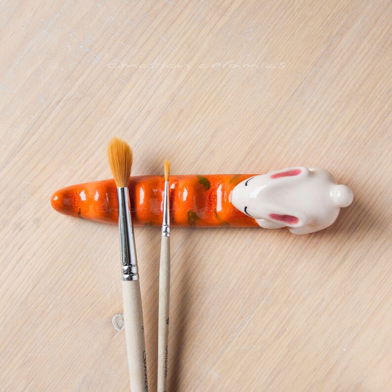 Ceramic paint brush rest with the sleepy white bunny. Art Etsy