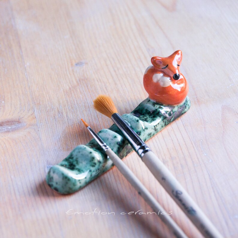 Paint brush rest ceramics with lazy fox. Unique brush holder. Etsy