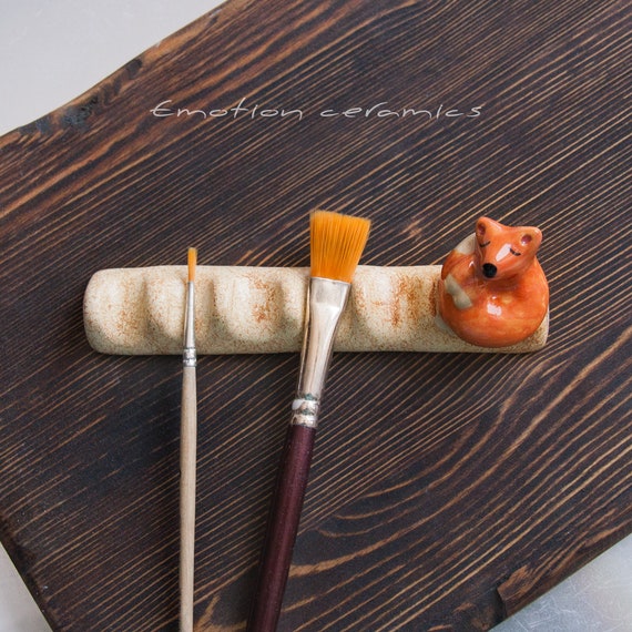 Ceramic Paint Brush Rest With Lazy Fox. Unique Brush Holder. Etsy