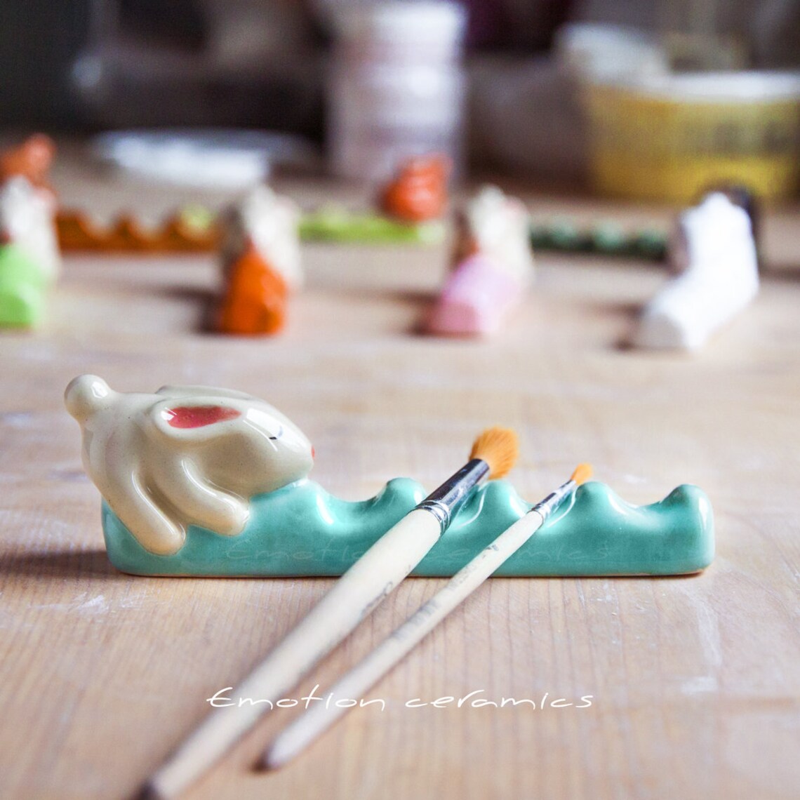 Ceramic paint brush rest with the sleepy white bunny. Art Etsy