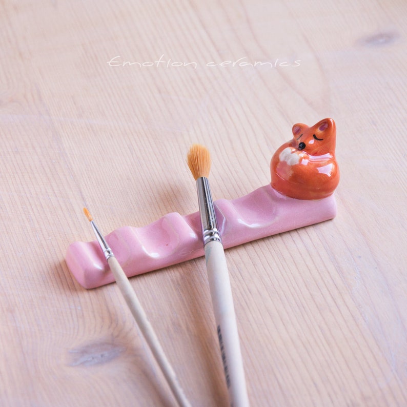 Paint brush rest ceramics with lazy fox. Unique brush holder. Etsy