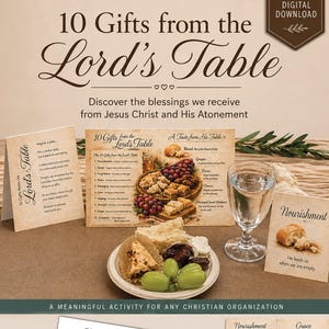 Puede incluir: Descarga digital con temática religiosa. La imagen incluye tarjetas con texto, un vaso de agua y un plato de comida. Las palabras "10 Gifts from the Lord's Table" se muestran de forma destacada.
