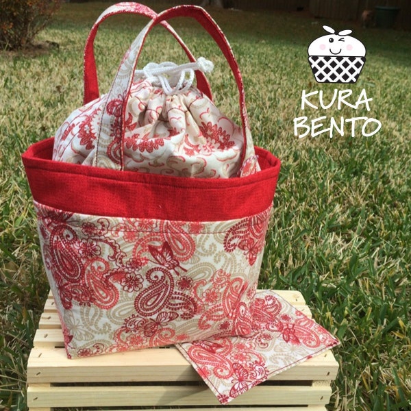 Bento Lunch Bag: Paisley Red & Tan - perfect for school or work, picnic, purse or handbag, crafting, drawstring, bento box accessory