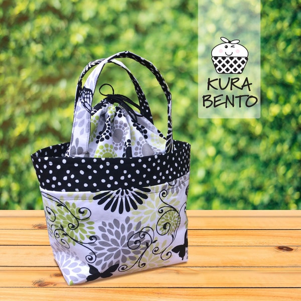 Bento Bag: Green Butterfly. Perfect for work and school, womens, picnic, reusable,  lunch box accessories, washable,can be  insulated