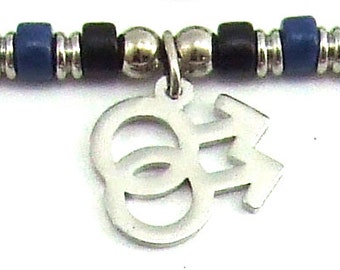 JE277MM Black & Blue Ceramic Beads with Double Male Charm Necklace