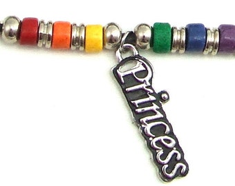 JE273P Rainbow Ceramic Beads with Princess Charm Necklace