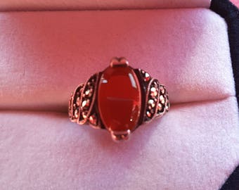 Vintage 925 sterling silver ring carnelian and Marcasite - Valentines Day gift - Present -