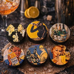 Vintage Cocktail Cabinet Knobs – Retro Bar Drawer Pulls – Mid Century Drink Art Furniture Hardware – Handmade Wood Knob Set