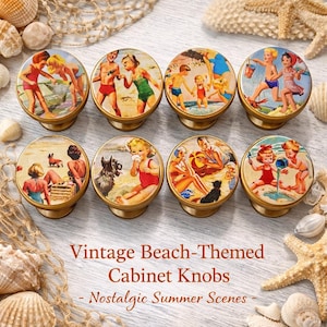 May include: Eight vintage cabinet knobs with beach-themed illustrations. Each knob features a gold base and a round top with a nostalgic summer scene. The knobs depict children and adults enjoying various beach activities. The text "Vintage Beach-Themed Cabinet Knobs - Nostalgic Summer Scenes" is visible.