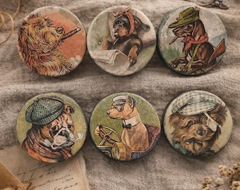 Vintage Dog Portrait Cabinet Knobs Set of 6 – Whimsical Animal Drawer Pulls – Rustic Farmhouse Decor – Unique Dresser Hardware