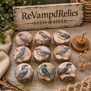 May include: A set of nine round wooden cabinet knobs, each featuring a printed illustration of a blue and brown bird. One knob is shown from the side, revealing a metal screw attachment. A wooden sign with the text ReVampdRelics is positioned behind.